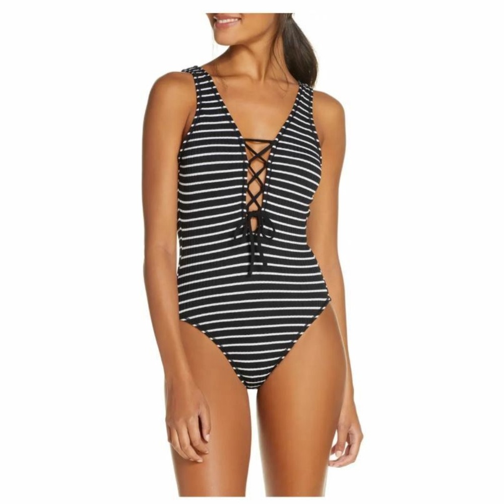 Robin Piccone Sailor Lace-Up Plunge One-Piece Swimsuit 203418 Navy Blue 4